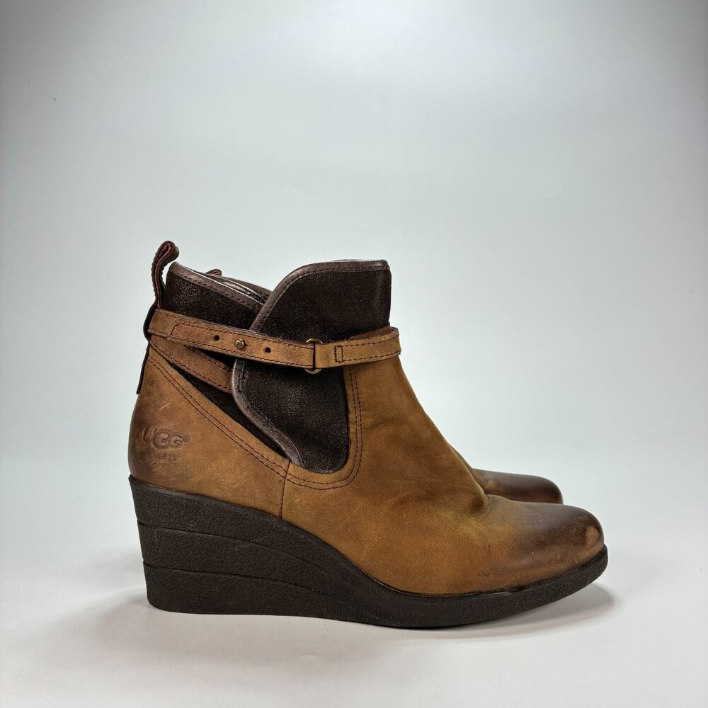 UGG Emalie Brown Classic Leather Ankle Boots Wedge Heels 1008017 Women's Size 7